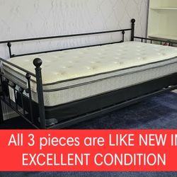 Twin Bed Frame + Mattress  + Box Frame, Like NEW in EXCELLENT  CONDITION 