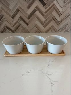 Crate & Barrel Porcelain Bowls with Wood Tray – Set of 3, Never Used