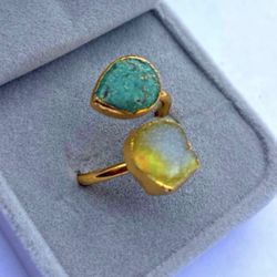 Sz 8 8.25 8.5 Druzy Quartz Gem Turquoise Pear Cut Gemstone Fine Art Ring Unisex Solid Metal Plated Gold Filled Free Form MEN WOMEN New w/ Box