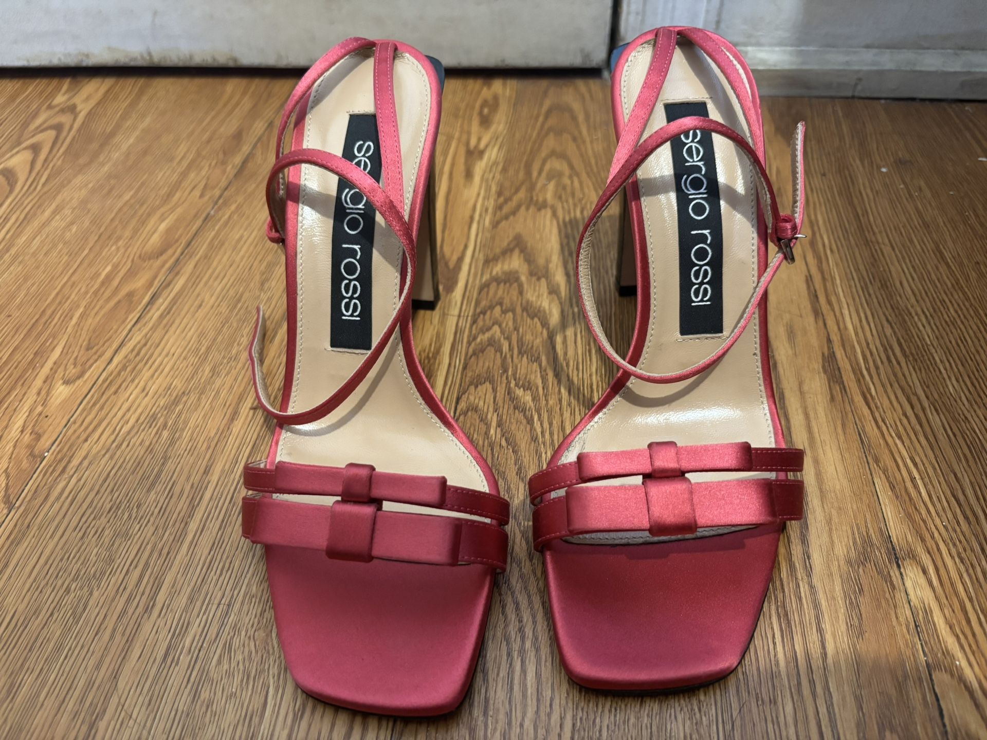 New Sergio Rossi Satin Bow Ankle Strap Block Heel Sandals Pink Size 37 1/2