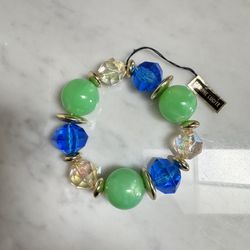 Vintage Lucite Chunky Elastic Bracelet Green Blue Clear Gold Round Faceted Beads
