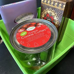 Green Storage Bin with Cookie Cutters、 you and me Books and Decorative Wooden Box