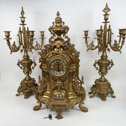 Imperial Italian Franz Hermle Brass Very Ornate Mantle Deco Clock & Candelabras