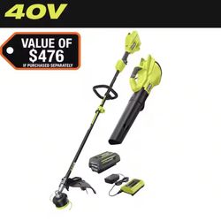 RYOBI 40V Cordless Attachment Capable 15" String Trimmer & 550 CFM 120 MPH Blower Combo Kit with 4.0 Ah Battery & Charger