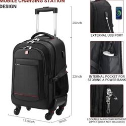 New   4-Wheel Rolling Backpack 45L (22x14x9 in): 17.3-Inch Roller Travel Laptop Backpack for Business, Water-Resistant Carry-On Luggage, Airline Appro