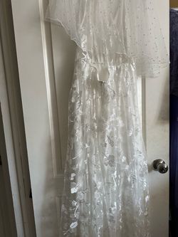 Beautiful white Lace and sky blue Tulle Formal Gown