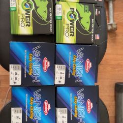 Three Boxes Of Power Pro Braided Line 65 Pound two boxes of 6 pound vanish, fishing line 2 boxes of 4 pound vanish fishing line