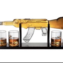 AK Rifle Gun Whiskey Decanter Set   Brand New