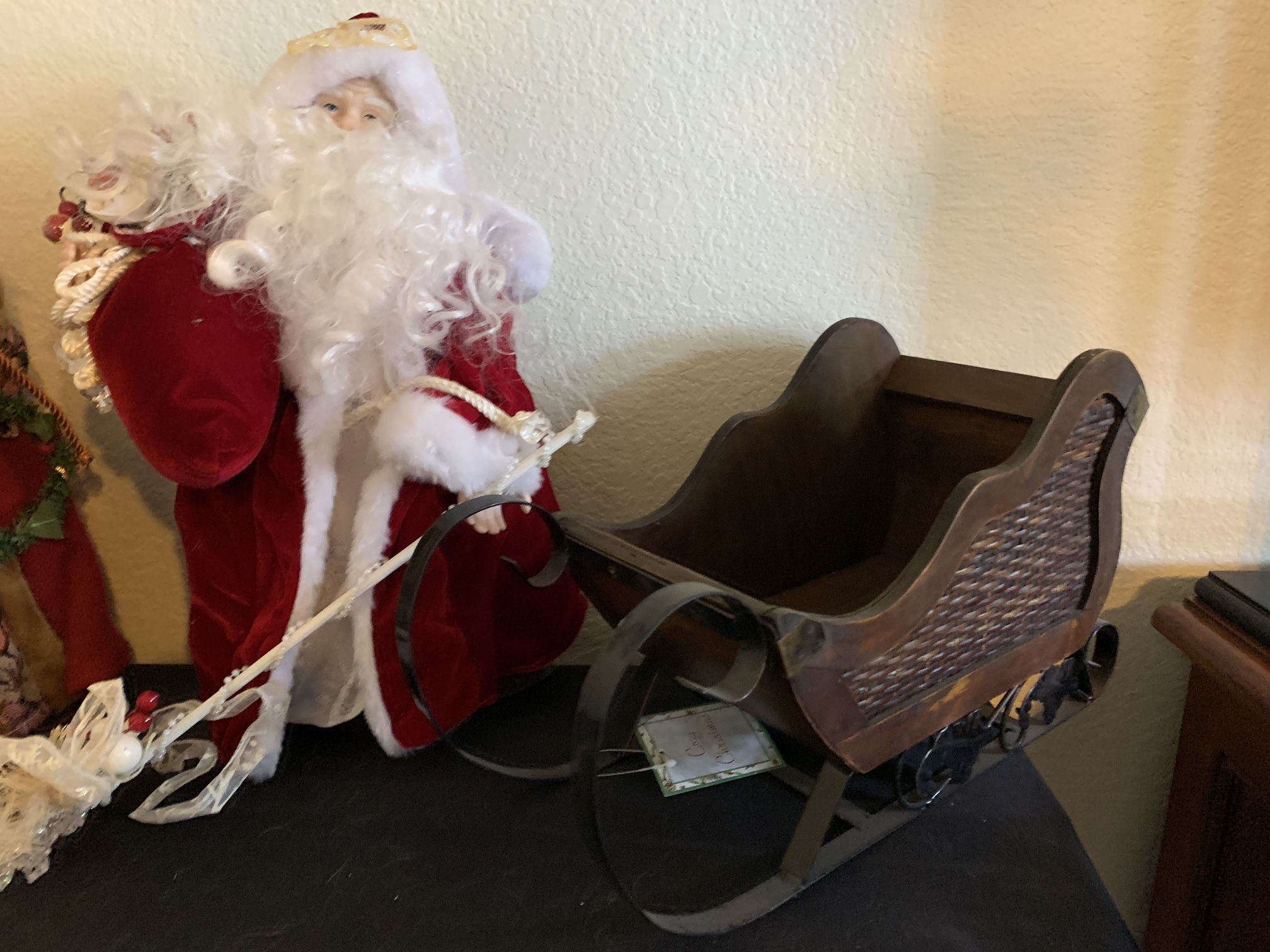 Christmas decor, $15 each wood and metal sleigh Christmas countdown Santa tree toppers etc