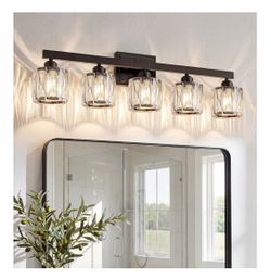 5-Light Bathroom Vanity Lighting Matte Black w/ Clear K9 Crystal Shades E26