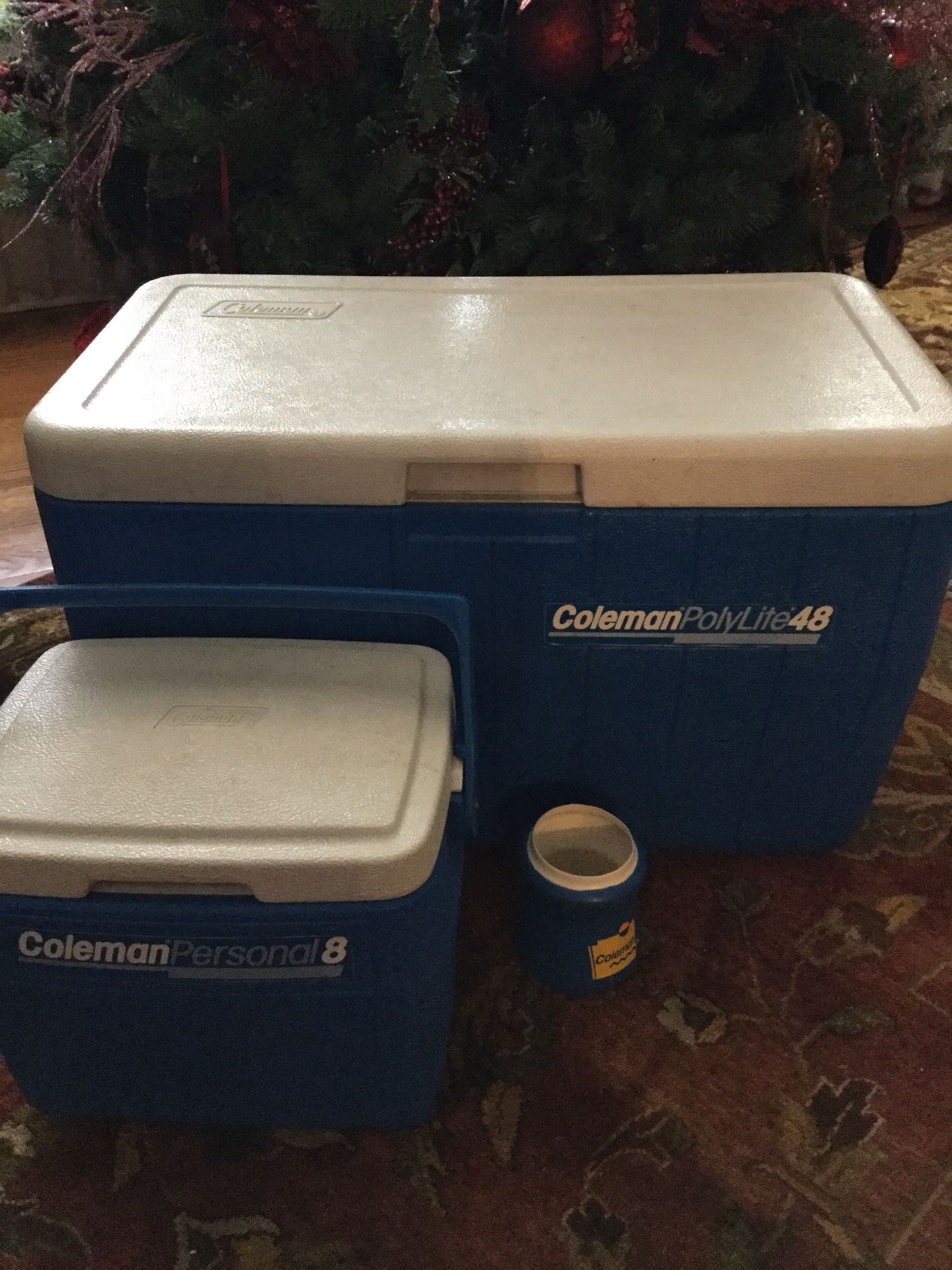 2 Coleman coolers, koozie, stainless steel thermos with carrier