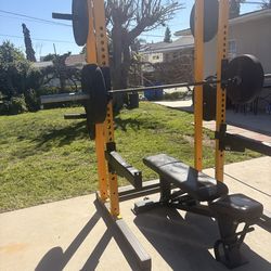 Bench / squat rack + weights