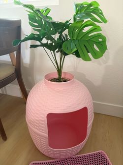 Pink Litter Box with Faux Plant
