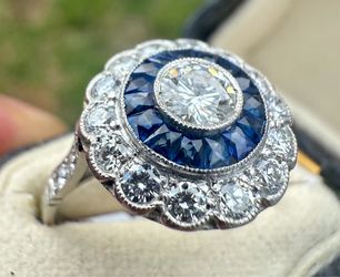 Estate Art Deco Style Platinum Diamond Sapphire Ring