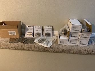 New brushed nickel door knobs, hinges, stopper, ect