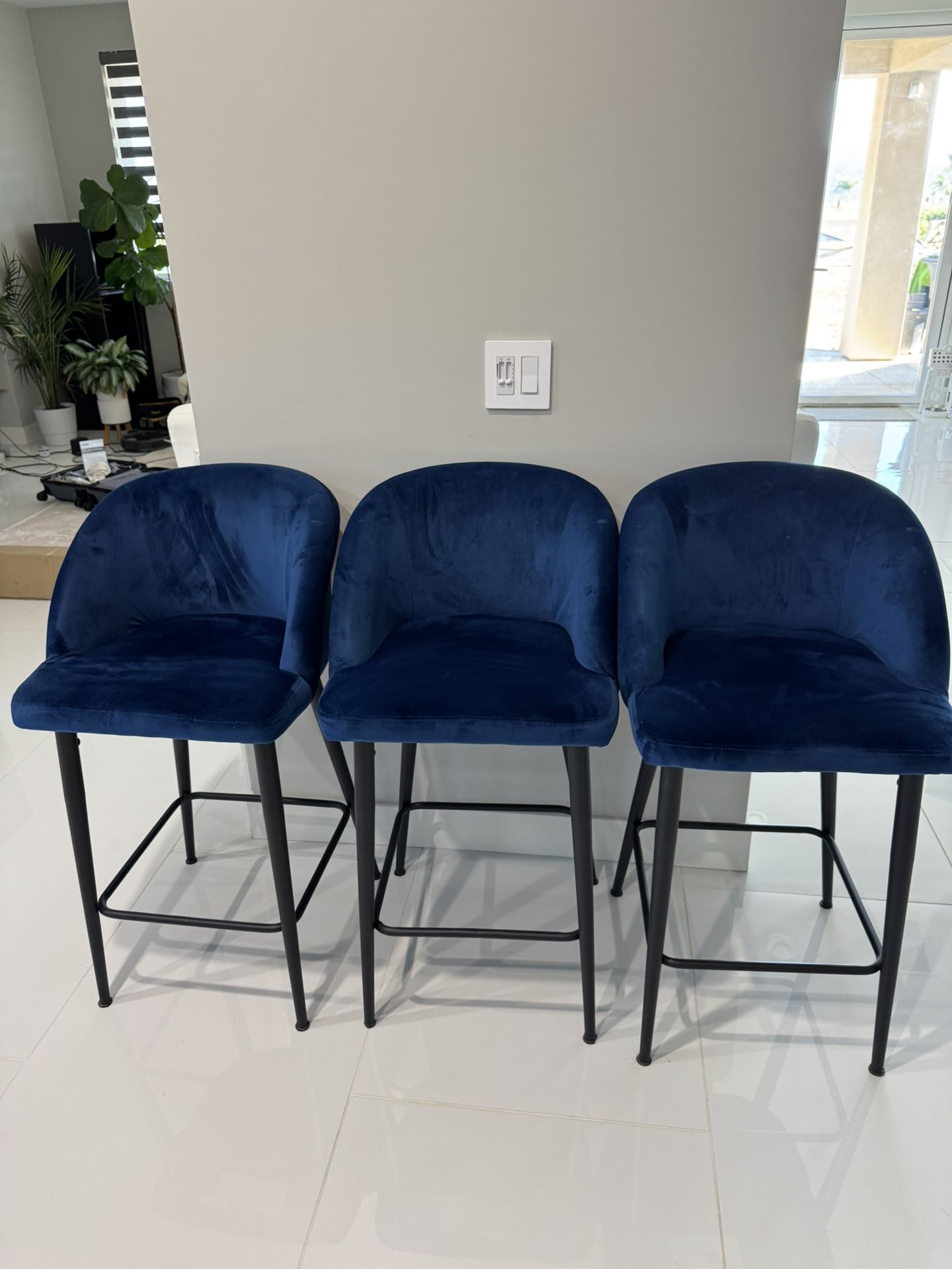 Navy Velvet Stool Chairs (Excellent) - $240 For 3