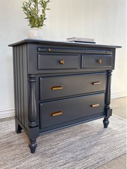 Modern Charcoal Black Dresser / Buffet Cabinet / Entryway Console – Brass Hardware – Refinished Furniture