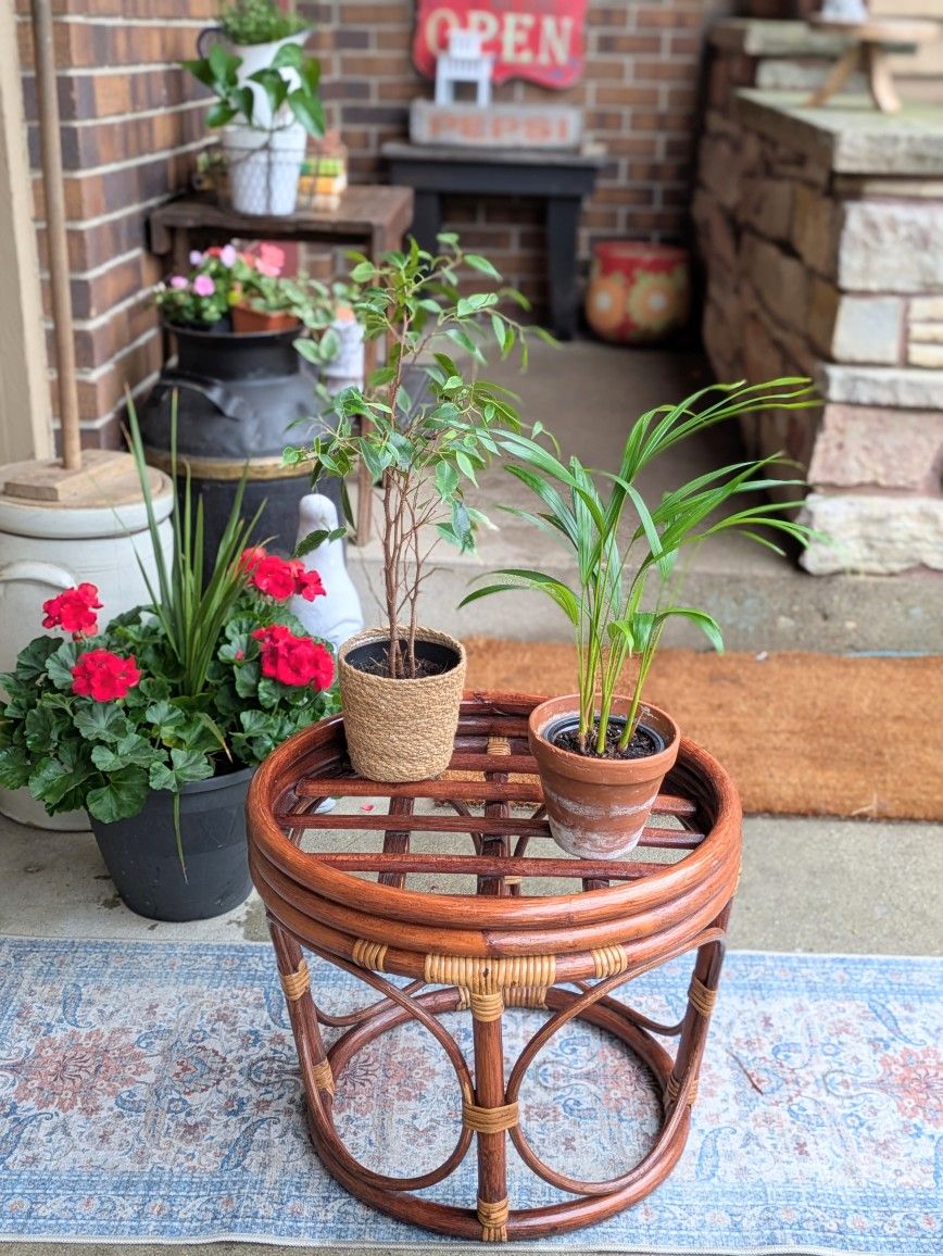 Vintage Boho Bentwood Rattan Bamboo Ottoman Footstool Accent Table Plant Stand