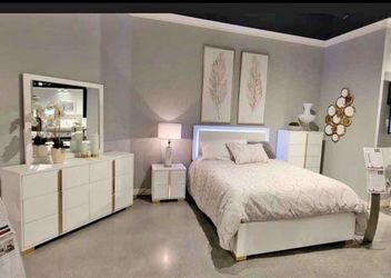 White and Gold Bedroom Set with LED Headboard