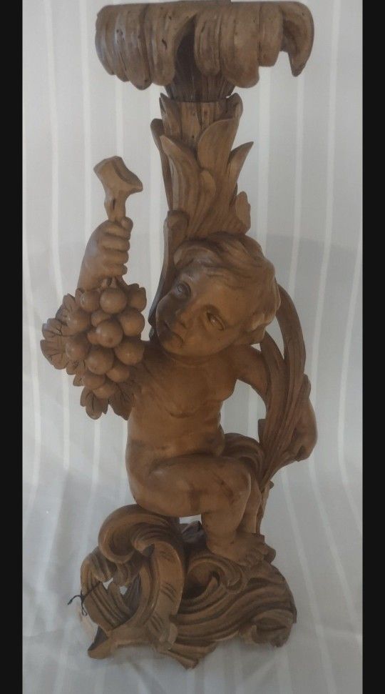 This Beautiful Antique Wood Carving Of A Cherub Holding Grapes See Description For More Information