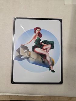 Pinup Girl riding bomb nose art WWII Military metal sign