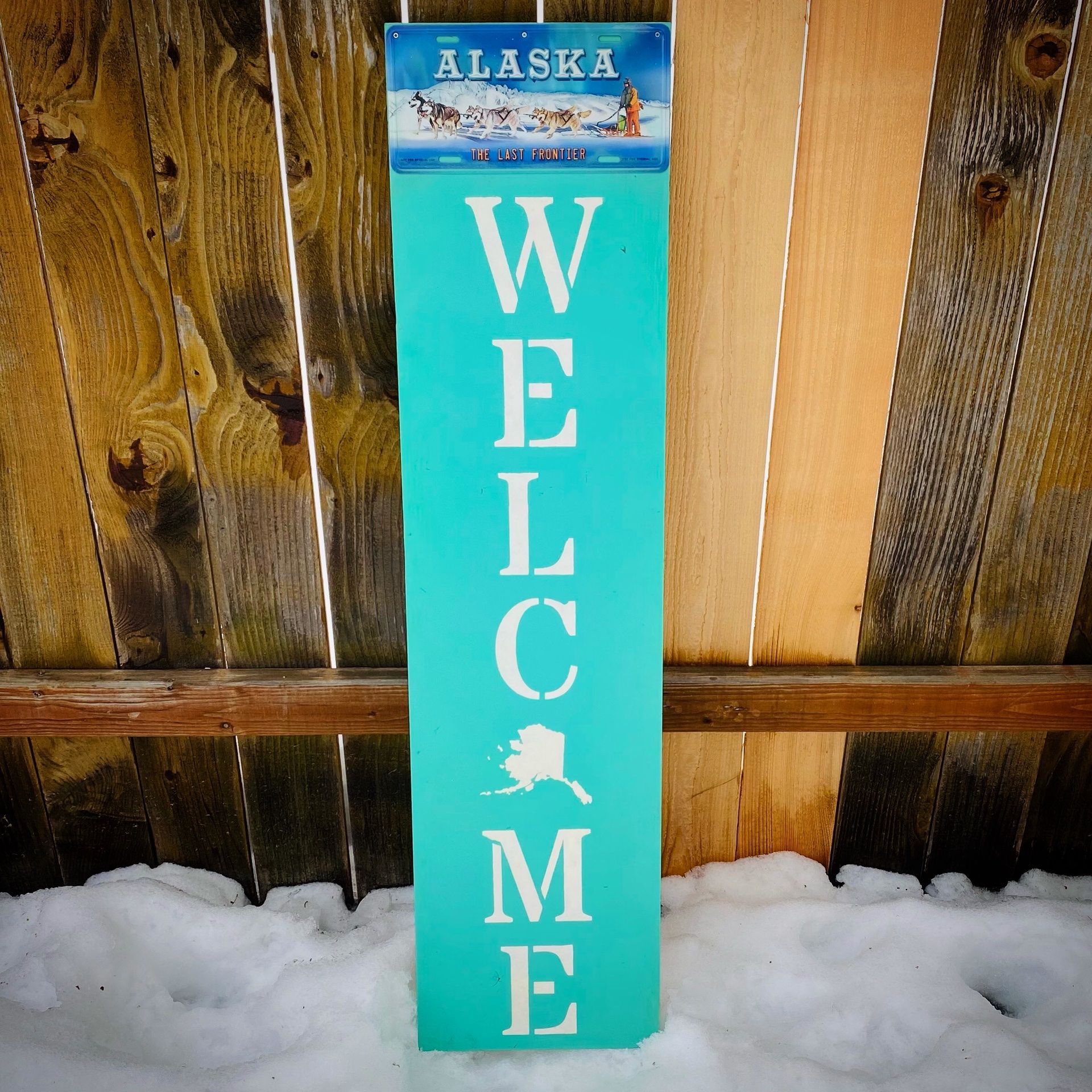 Welcome Porch Sign With Alaska Plate Dog Sled Design