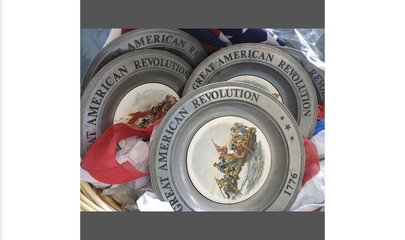 Collectible Pewter Plates and 30”x30” American Flag