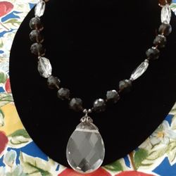 ORIENTAL DECOR A BIG SMOKY QUARTZ AND CRYSTAL QUARTZ 925 SILVER NECKLACE.