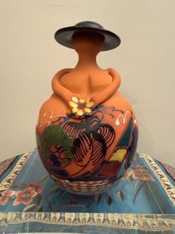 Vintage Hand-Painted Terracotta  Caribbean / Santo Domingo Folk Art Tea Light Candle Holder - MINT