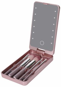 Looife Travel Vanity Makeup Mirror with 5 PCS Makeup Brushes - 360 Degree Rotating Clamshell Design, Rose Gold