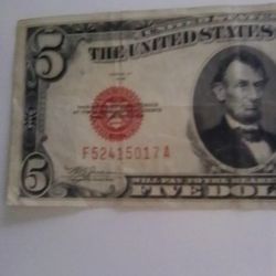 Red Seal 5.00 Dollar Bill ,Red Seal 1928c