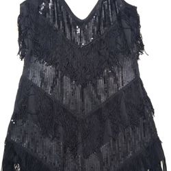 Leg Avenue Women's Black V Neck Fringe + Sequin Flapper Dress w/Scoop Back; Sz M