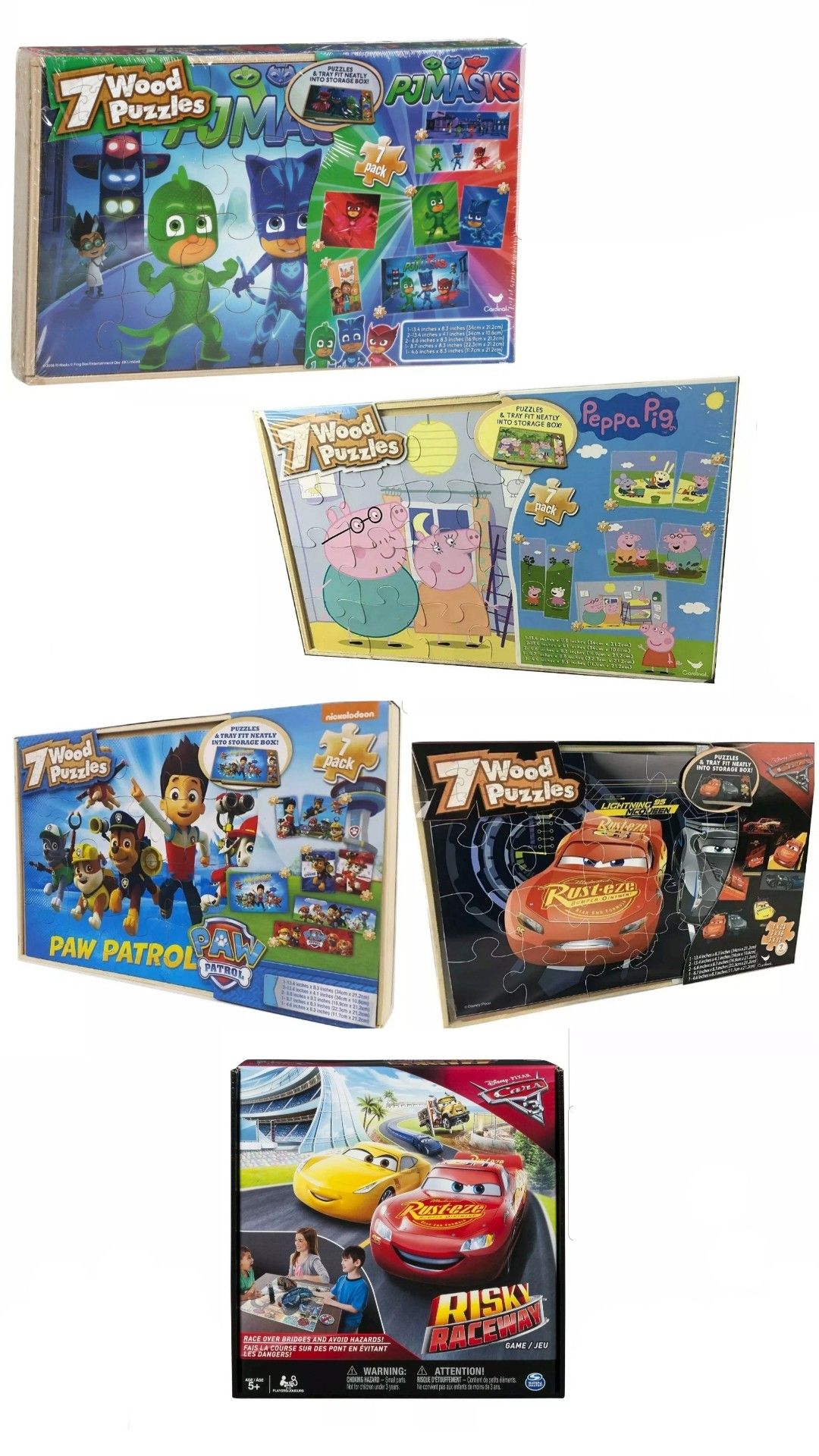 Set of 5 Wooden boxes of Wood Puzzles. Mcqueen, Peppa Pig, Paw Patrol or PJMAX and Games