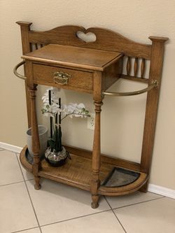 Antique oak wall table with drawer and brass bars