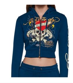 Ed Hardy Cropped Zip-Up Hoodie Blue