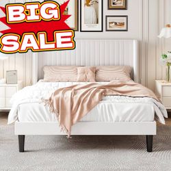 Big sale Full Size Velvet Bed Frame with Vertical Channel Tufted Wingback Headboard, Upholstered Platform Bed with Wood Slats, No Box Spring Needed, E