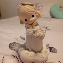 Sweet Precious Moments Missing You Angel Figurine with Flower Basket On Cloud