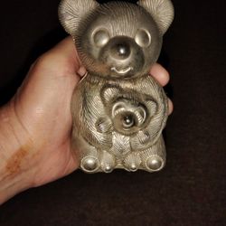 Vintage Silver Plated Mother Teddy Bear And Cub Coin Bank Good Condition Collectable 