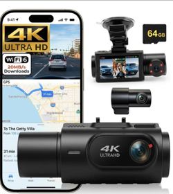 3 Channel Dash Cam 4K+2K+2K, 170° Ultra Wide Angle Triple Car Camera, Pro Night Vision, 5GHz High-Speed WiFi (2.4X Faster), GPS, G-Sensor, 24H Parking