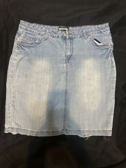 Women's Light Wash Stretch Denim Pencil Skirt – Distressed Hem & Back Slit