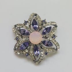 Vintage Weiss Brooch Pin Purple Rhinestone Pink Crystal Flower Silver Tone 2". No stone is missing. Some wear on the back 