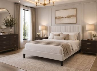 Full Size Velvet Bed Frame/Vertical Channel Tufted Wingback Headboard/Upholstered Platform Bed/Strong Wooden Slats/No Box Spring Needed/Easy Assembly/