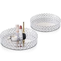 KEHAIL 2 Pcs Silver 10" Round Metal Mirror Crystal Tray – Vanity Tray For Makeup, Perfume, Jewelry & Dessert Display, Elegant Decorative Serveware, Ch