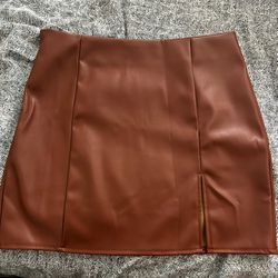 Brown Leather Skirt w Slit 