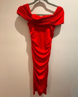 Red Off-Shoulder Ruched Midi Dress