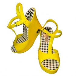 Harajuku Lovers Quin Yellow Platform Wedge Sandals Y2K Shoes NEW Gwen Stefani