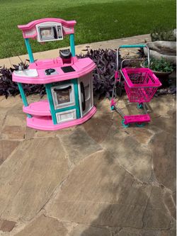 3 piece pretend play set pink kitchen, pink grocery cart and cleaning tools