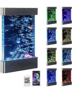 LED Sensory Bubble Wall Water Panel – 24"x16" Stainless Steel Wall-Mounted Panel with Floating Fish, Color-Changing Lights, Remote & APP