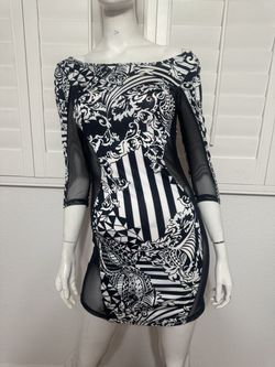 New med black white striped mesh mini dress stretchy retro vintage bodycon y2k