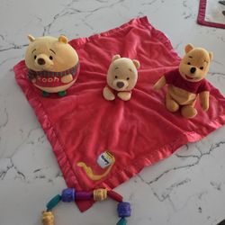 DISNEY WINNIE THE POOH SECURITY BLANKET,  POOH BEAD TOY, 6" POOH CHARACTER, POOH SOFT BALL SEE DESCRIPTION 